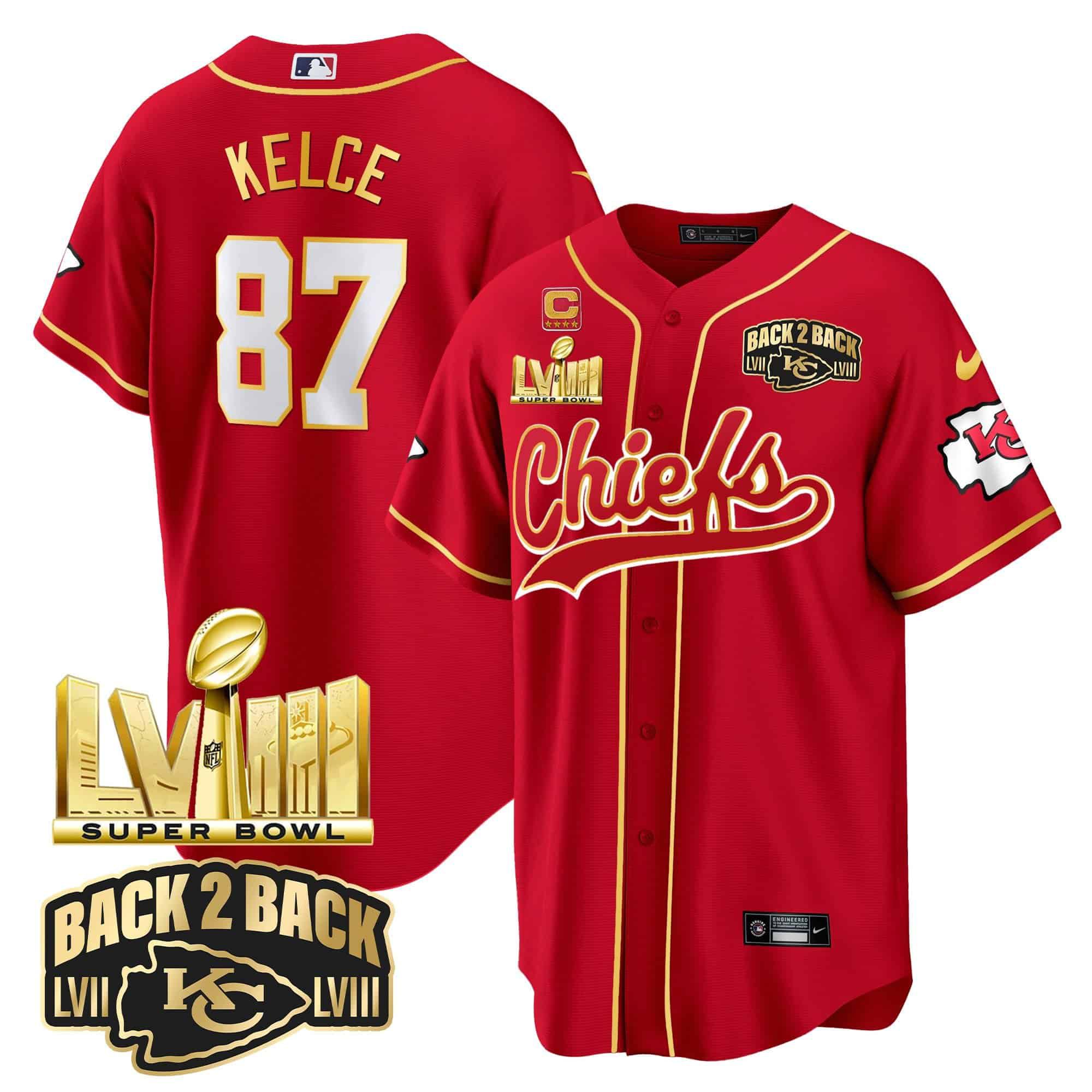 Men Kansas City Chiefs #87 Kelce Red 2024 Nike Super Bowl LVIII Back-2-Back Gold Patch Baseball NFL Jersey->indianapolis colts->NFL Jersey